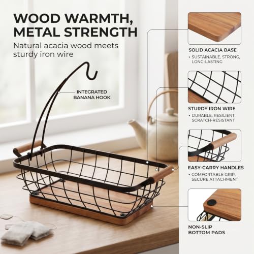Rectangular Fruit Basket with Banana Hanger,Metal Wire Fruits Bowl with Wooden Base,Kitchen Table Organizer,Black Fruit Bowl for Kitchen Counter,Vegetable Bowls for Fruits, Veggies, Snacks.