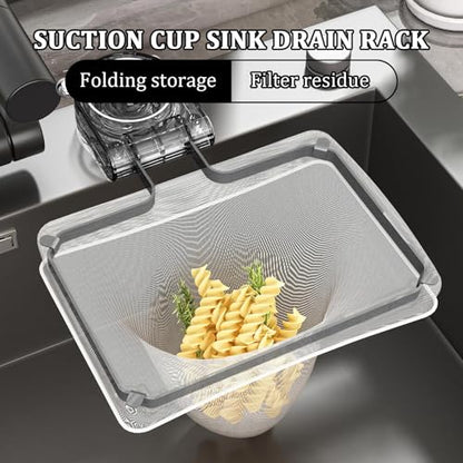 Kitchen Sink Strainer with 100 PCS Filter Mesh Bag, Food Waste Filter Basket, Suction Cup Folding Washing Vegetables and Fruits Drying Bag Holder(Grey)