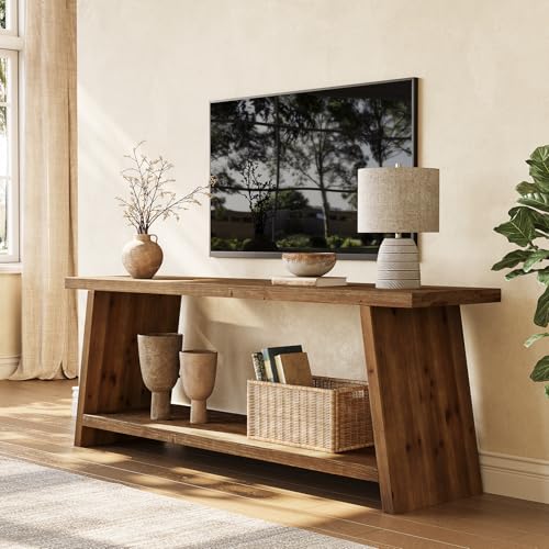 LITTLE TREE Solid Wood TV Stand, Farmhouse Media Console for 55/60/65 inch TV, 2-Tier Mid-Century Modern TV Stand with Storage, for Living Room, Entertainment Center (Walnut, 63-Inch)