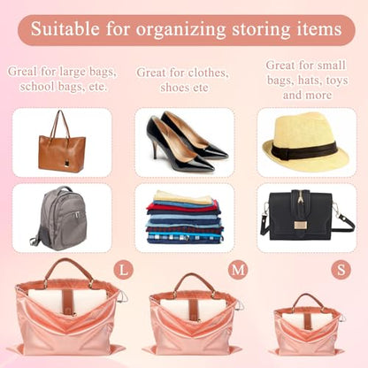 12 Pack Dust Bags for Purses and Handbags - 3 Size Premium Polyester Purse Dust Bags for Storage with Drawstring, Pink Protective Covers for Luxury Bag Shoes Boots Travel Organization