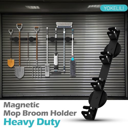 Magnetic Mop Broom Holder, Strong Non Slip Magnetic Broom Mop Hanger, Heavy Duty Magnetic Hooks for Hanging Shovel Rake Tools, Wall Mounted Utility Storage Magnet Rack 4 Rack