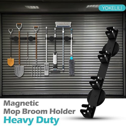 Magnetic Mop Broom Holder, Strong Non Slip Magnetic Broom Mop Hanger, Heavy Duty Magnetic Hooks for Hanging Shovel Rake Tools, Wall Mounted Utility Storage Magnet Rack 4 Rack
