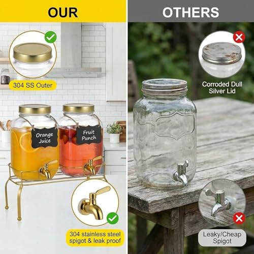 1 Gallon Glass Drink Dispenser Set of 2 – Drink Dispensers for Parties, Beverage Dispenser with Stand & 100% Leakproof Spigot, Ideal for Lemonade, Juice, Laundry Detergent Dispenser