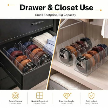 Clear Acrylic Belt Organizer 2 Pack, Stackable Belt Holder with 5 Removable Dividers & Built-in Handles, Multi-Purpose Drawer Closet Storage Display Bin for Belts, Ties, Socks, Underwear