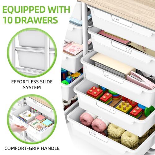 10 Drawers Rolling Cart with Wooden Tabletop, Util... (Pure White)