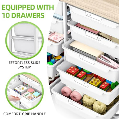 10 Drawers Rolling Cart with Wooden Tabletop, Util... (Pure White)