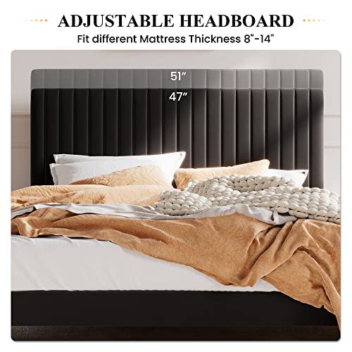 SHA CERLIN Queen Upholstered Platform Bed Frame with Adjustable Headboard/Vertical Channel Tufted Velvet Fabric/Wooden Slats Support/Mattress Foundation/Box Spring Optional/Black