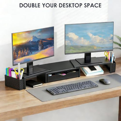 Dual Monitor Stand Riser with Drawer and 2 Pen Holders | Monitor Riser Desk Organizers and Accessories,Desk Accessories & Workspace Desktop Organizers for Office Supplies (Black)