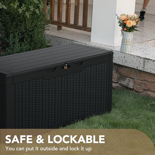 Devoko 100 Gallon Waterproof Resin Deck Box, Large Outdoor Storage Box | Indoor Outdoor Lockable Storage Container for Patio Furniture Cushions, Garden Tools & Pool Supplies