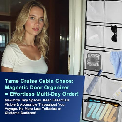 Magnetic Cruise Door Organizer – 13-Pocket Hanging Storage with 2 Large Shoe Pockets, No Hook Needed, Includes 3 Bonus Hooks, 2025 2026 Cruise Ship Essentials for Cabin, Bathroom, or Closet Use