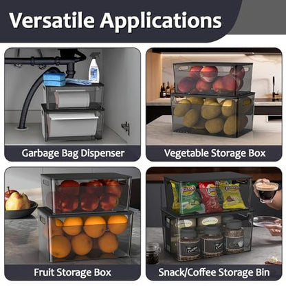 COAZEX 2 Pack Stackable Plastic Trash Bag Holder with Black Lids Under Sink | Black Container, Stackable Design,Side Handles, Safety Locks,Garbage Bag Roll Holder, Kitchen Cabinet, Laundry Organization