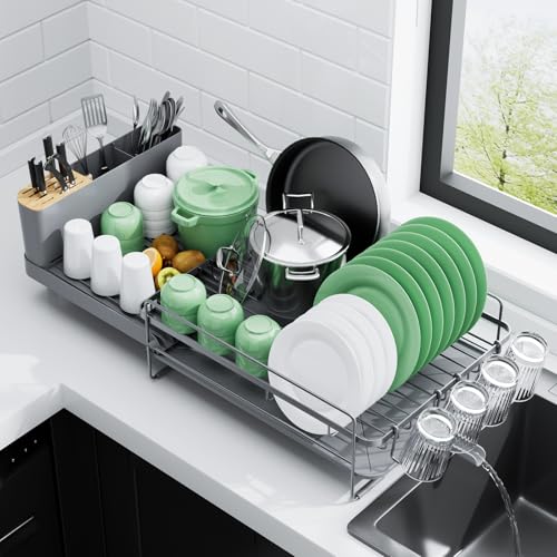 Kitsure Extendable Large Dish Drying Rack, 18.2"-25.7" L x 12.9" W, Grey | Large Drying Dish Rack with Cutlery, Cup Holders, Multifunctional Dish Rack for Counter with Drainage, Anti-Rust Dish Drainer