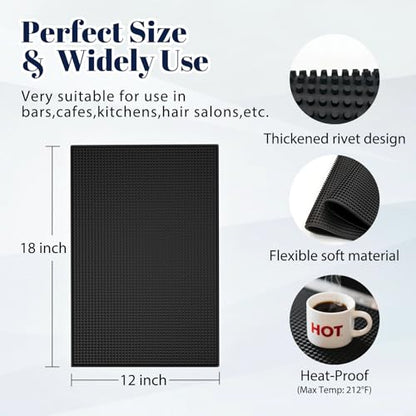 4 Pack Rubber Bar Mats for Countertop 18x12 Inch Black Silicone Bar Coffee Mat for Bartending Dish Drying Matt Home Bars Counter Cocktail Non Spill Mat for Bartender Bar Service Table Top Accessories