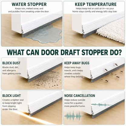 Door Draft Stopper with Brush, 39" Door Sweep for Bottom of Door, Self Adhesive Weather Stripping for Bottom of Door, Under Door Seal Dust/Noise/Hot or Cold Air Insulation, White, 1 Pack