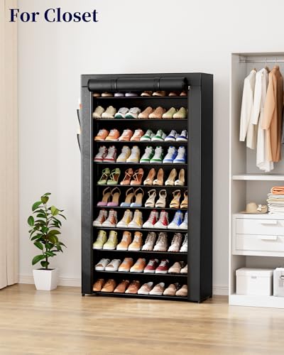 Kitsure 10-Tier Shoe Rack with Cover, Tall Shoe Shelf, 33" Wide, Black | Large Capacity Shoe Storage with Side Pocket, Shoe Organizer for Closet, Entryway, Bedroom, Zapateras Organizer