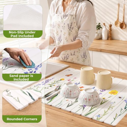 LOKHOM Stone Dish Drying Mat, 15.3"x23.6" Diatomaceous Earth Mat Floral | Watercolor Wildflower, Foldable, Absorbent, Non-Slip, Heat Resistant, For Kitchen Counter Bath Dishes Cups