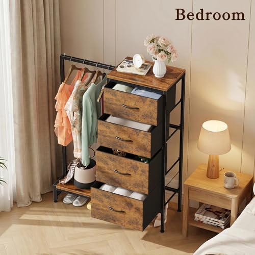 Tall Dresser 44''H with Hanging Rack, 4 Drawers Small Closet Dresser for Bedroom, Reversible Fabric Chest of Drawers with Clothes Rack, Tall Storage Tower, Sturdy Frame, Rustic Brown