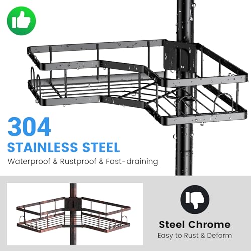 Adjustable Shower Caddy Tension Pole: Rustproof Corner Bathroom Shelves | 4-Tier 31-124" No Drill Standing Organizer Fits Apartments Rentals Bathroom Bathtub, for Shampoo, Conditioner, Bath Essential
