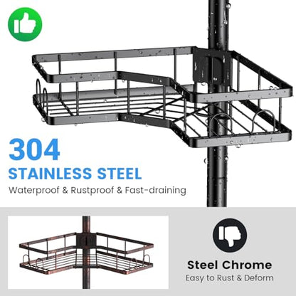 Adjustable Shower Caddy Tension Pole: Rustproof Corner Bathroom Shelves | 4-Tier 31-124" No Drill Standing Organizer Fits Apartments Rentals Bathroom Bathtub, for Shampoo, Conditioner, Bath Essential