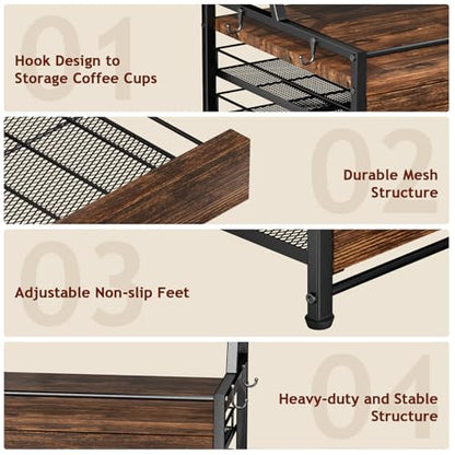 Coffee Syrup Rack Organizer - 4-Tier 8 Syrup Wine Bottles Stand with 82 Storage Drawer for K Cups, Coffee Pod Holder for Countertop, Bar Station, Kitchen, Rustic Brown