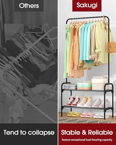 Sakugi Clothes Rack - 29.3" × 12.5" × 59.6" Clothing Rack and Shoe Rack with Anti-Slip Stopper, Large Capacity Rack with 2-Tier Shoe Organizer, Clothes Organizer for Bedroom, Entrance, Laundry, Black