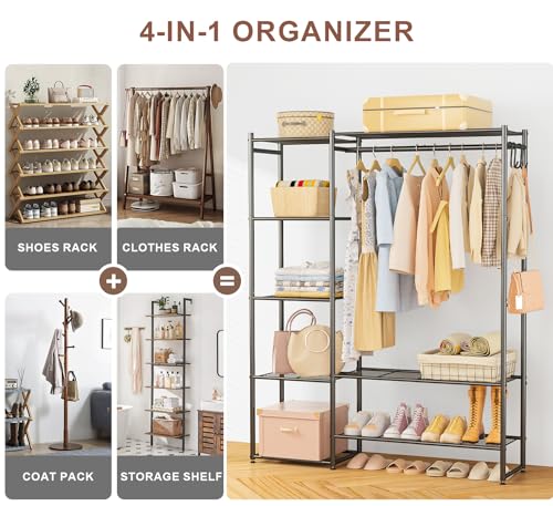 Closet Wardrobe, Closet Organizers and Storage System, Metal Clothes Rack | All in one, With 4 Tiers Shelves, Portable & Free Standing, for Hanging Clothes, for Cloakroom Bedroom