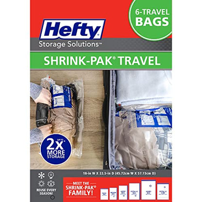 Hefty Shrink-Pak Large Travel Bags - Airtight Storage Bags for Maximum Space Saving, Travel Essentials, Ideal for Packing, Durable, Reliable Compression with Sealed Protection
