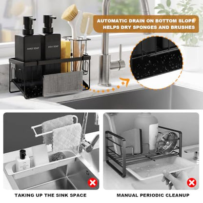 GMISUN Dish Soap Dispenser, 12 fl oz / 350 ml Dual Kitchen Soap Dispensers with Sponge Holder, Customized Matte Black Kitchen Soap Dispenser Set, Modern Hand and Dish Soap Bottle Set Removable
