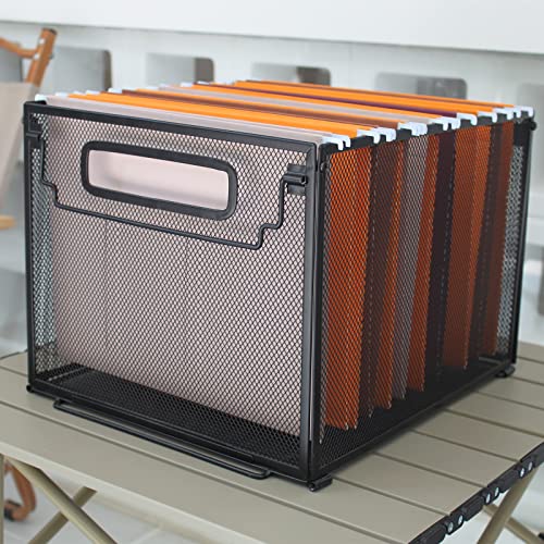 Letter Size Metal Hanging File Folder Organizer Crate Basket,Black | Mesh File Folder Holder & Filing Box with Handle,Stackable Rack for Office Supplies,Teacher Classroom & Home