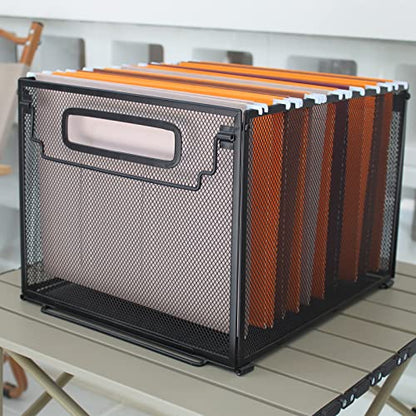 Letter Size Metal Hanging File Folder Organizer Crate Basket,Black | Mesh File Folder Holder & Filing Box with Handle,Stackable Rack for Office Supplies,Teacher Classroom & Home