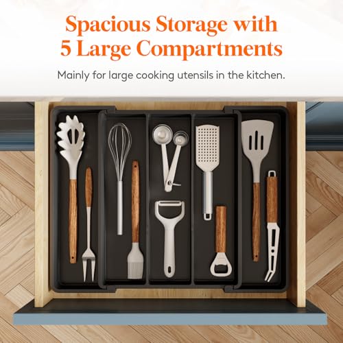 Lifewit Utensil Organizer for Kitchen Drawers, Expandable Cooking Utensil Tray, Adjustable Cutlery Silverware Flatware Holder, Plastic Spatula Tools Storage Divider, 11-18 x 14", Black