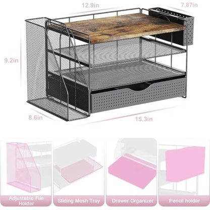 gianotter Wood Desk Organizers and Accessories with File Sorters, 4-Tier Desk Accessories & Workspace Organizers with Drawer and Pen Holder, Desk Reference Organizer (Wood, 4T with Drawer)