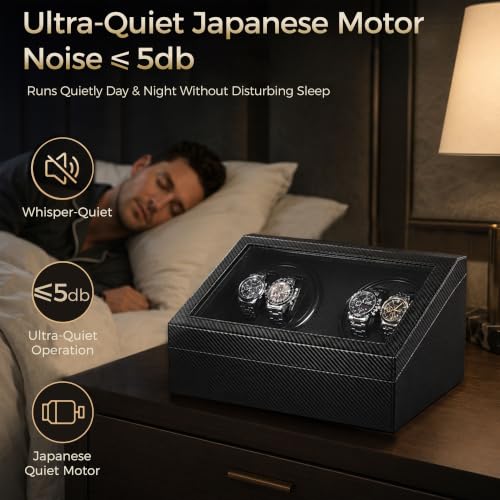 Watch Winder for Automatic Watches, Automatic Watch Winder | 4 Watch Winder with 6 Slots, Carbon Fiber Finish, Ultra-Quiet Japanese Motor, Adjustable Pillows, Present Box Packaging