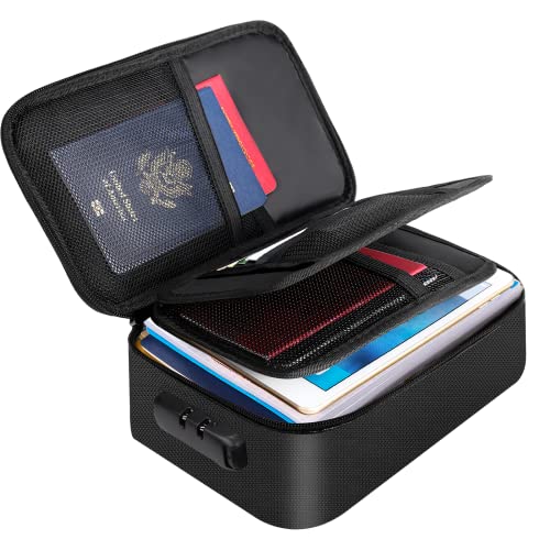 ENGPOW Small Fireproof Storage Organizer Case with Lock, 9”x 5.3”x 3.7” | Money Safe Wallet Carrying Bag with Multi-Pocket, Portable Home Travel for Cash,Card,Passport,Coin,Check,Bill,Soft Box,Black