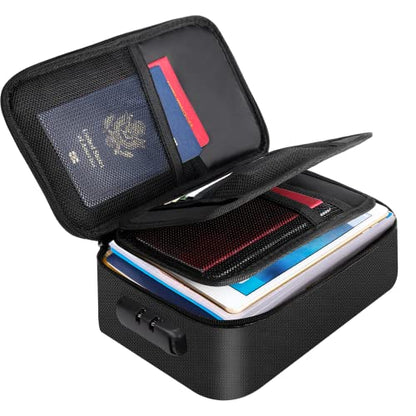 ENGPOW Small Fireproof Storage Organizer Case with Lock, 9”x 5.3”x 3.7” | Money Safe Wallet Carrying Bag with Multi-Pocket, Portable Home Travel for Cash,Card,Passport,Coin,Check,Bill,Soft Box,Black
