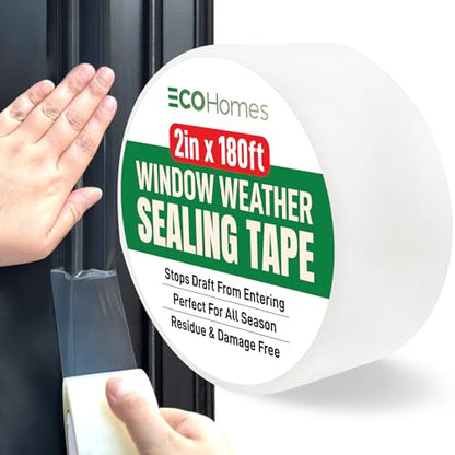 ECOHomes Window Weather Sealing Tape (2 Inch Wide x 180 Ft, Clear) | Weather Stripping Tape, To Stop Drafts Through Window Gaps and AC Units, Insulation Seal for Home and Air Conditioners