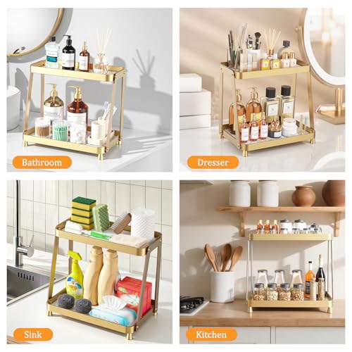 2-Tier Acrylic Bathroom Vanity Organizer, Gold | Bathroom Counter Storage Shelf with Marble-Look Tray, Holds Cosmetics, Perfume, Makeup & Skincare Products