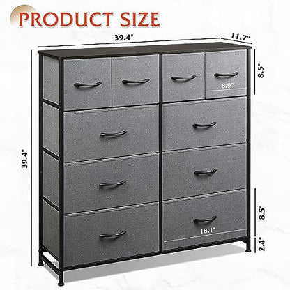 WLIVE 10 Drawer Fabric Dresser Bedroom Tall Storage Tower, Dark Grey | 10-drawer fabric storage tower with wood top, thickened steel frame, perfect for bedroom closet living room organization