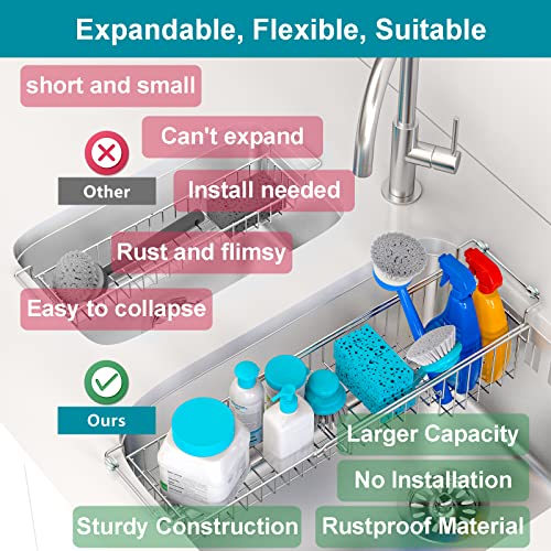 Over the Sink Caddy, Expandable Stainless Steel Sponge Holder for Kitchen Sink, 14.5-22 in Sink Organizer Rack for Sponge, Soap, Brush, Dish Cloth and Rag, Rust-Resistant Drying Holder