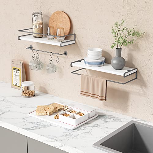 Forbena White Floating Shelves for Bathroom Organizer Over Toilet, Bathroom Shelves Wall Mounted with Towel Rack, Corner Wall Shelf for Bedroom Decor Kitchen Storage (White-Dark Grey, Set of 2)