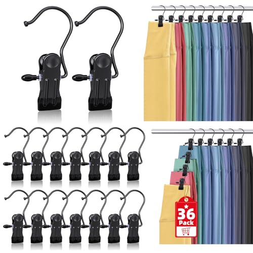 36 Pack Boot Hangers Clips for Closet, Heavy Duty Pants Hangers with Clips | Portable Legging Organizer Laundry Hanging Hooks Clothes Pins for Closet Organizers Towel Socks Hats Jeans Home Travel Black