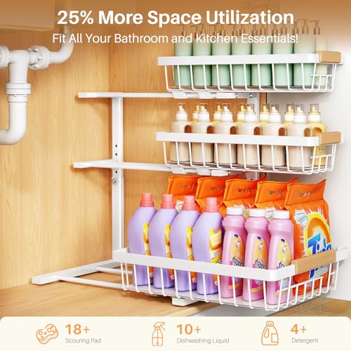 PXRACK Under Sink Organizer, 2-Pack 3-Tier Height Adjustable Thickened Metal Pull out Cabinet Organizer Shelf, Slide out Storage Drawer Rack for Bathroom Kitchen Pantry Home Organization, White