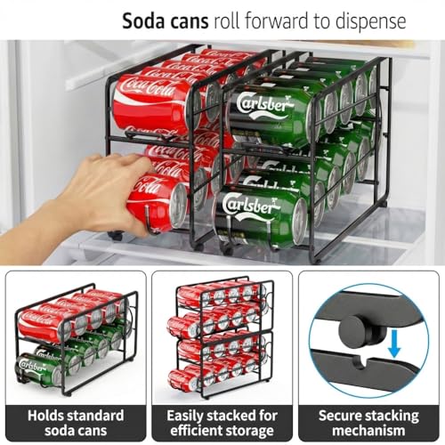 CANYAVE Soda Can Organizer Storage Rack, 2 Pack Stackable Beverage Soda Can Dispenser Organizer Holder for Refrigerator, Cabinet, Pantry (Black)