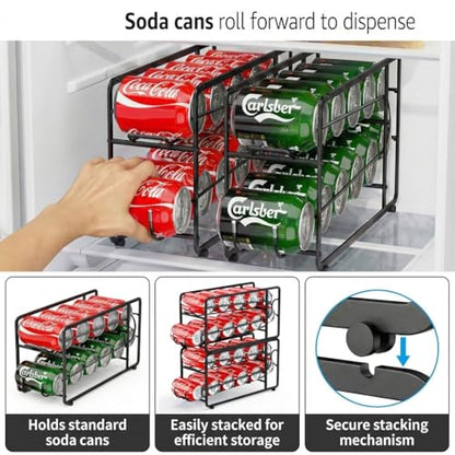 CANYAVE Soda Can Organizer Storage Rack, 2 Pack Stackable Beverage Soda Can Dispenser Organizer Holder for Refrigerator, Cabinet, Pantry (Black)