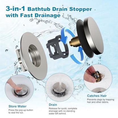 Hibbent 3 in 1 Metal Bathtub Drain Stopper, Universal Pop Up Tub Stopper, Bathtub Drain Hair Catcher, Removable Filter Basket, Drain Plug for 1.5''~2.4'' Drain, Brass Bullet Core, Brushed Nickel