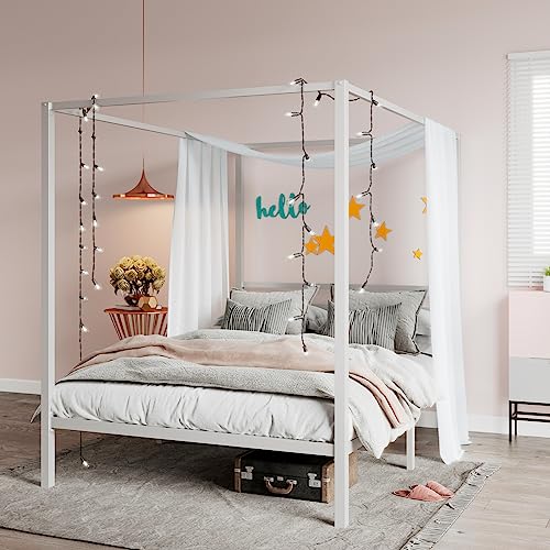 SHA CERLIN Full Size Canopy Bed Frame with Heavy Duty Metal Slats, White