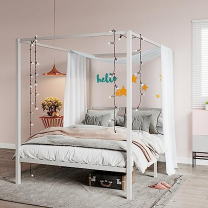 SHA CERLIN Full Size Canopy Bed Frame with Heavy Duty Metal Slats, White