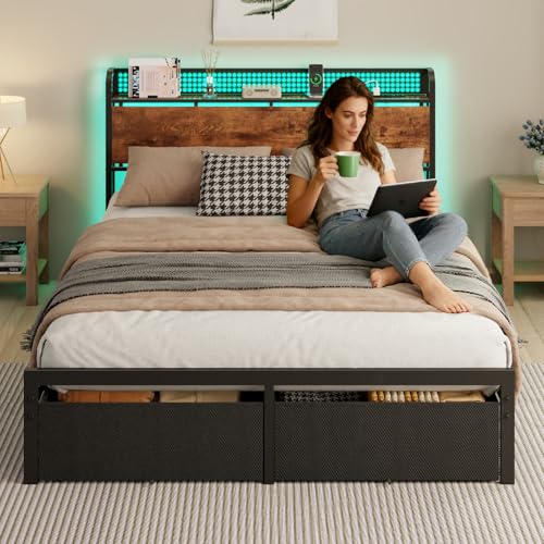 Queen Bed Frame with Headboard Storage, Charging Station, Drawers