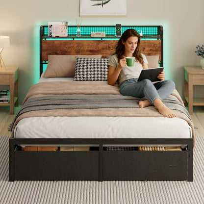 Queen Bed Frame with Headboard Storage, Charging Station, Drawers
