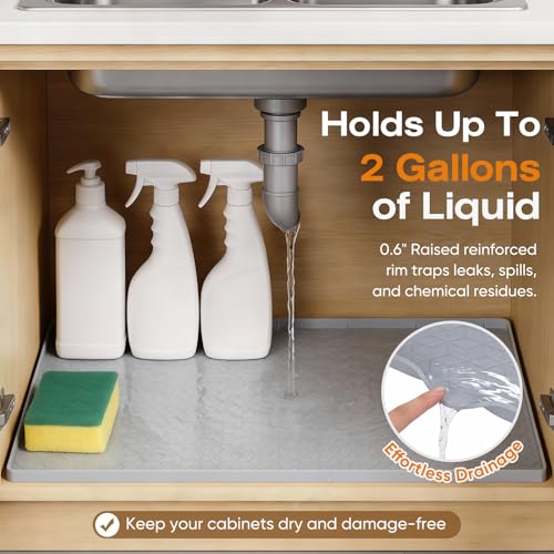 Waterproof Under Sink Mat, 34"x22", Drip Tray Shelf Liner, Grey | Silicone, Cabinet Protector, Home Organizer, for Kitchen, Bathroom, Multipurpose, Easy Clean, Leak Proof, Organizes Cabinets